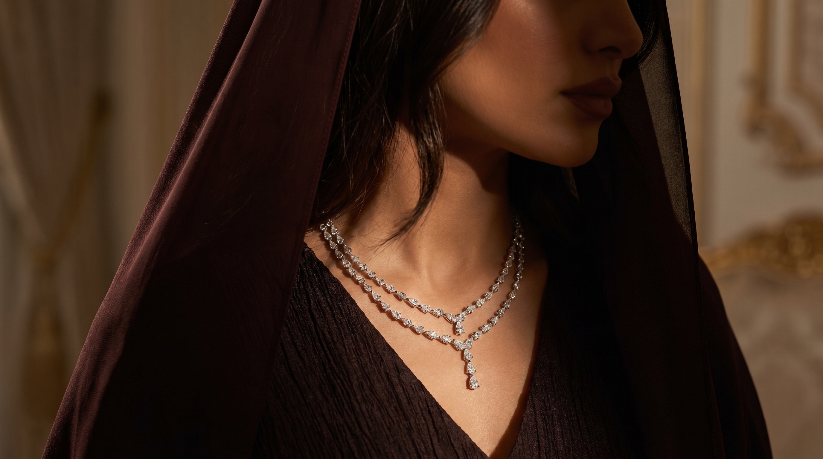 Model wearing diamond necklace